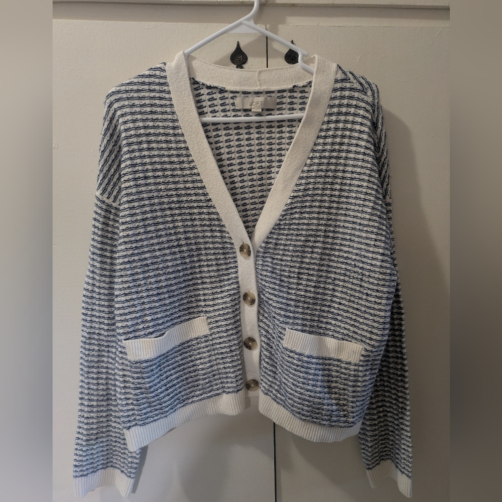 LOFT Blue and White Striped Cardigan Sweater